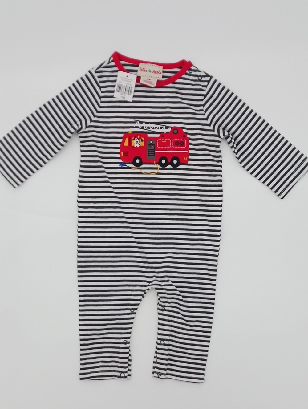 Toffee Apple Baby Black & White Striped Firetruck Snap-Up Romper (12M) - NWT